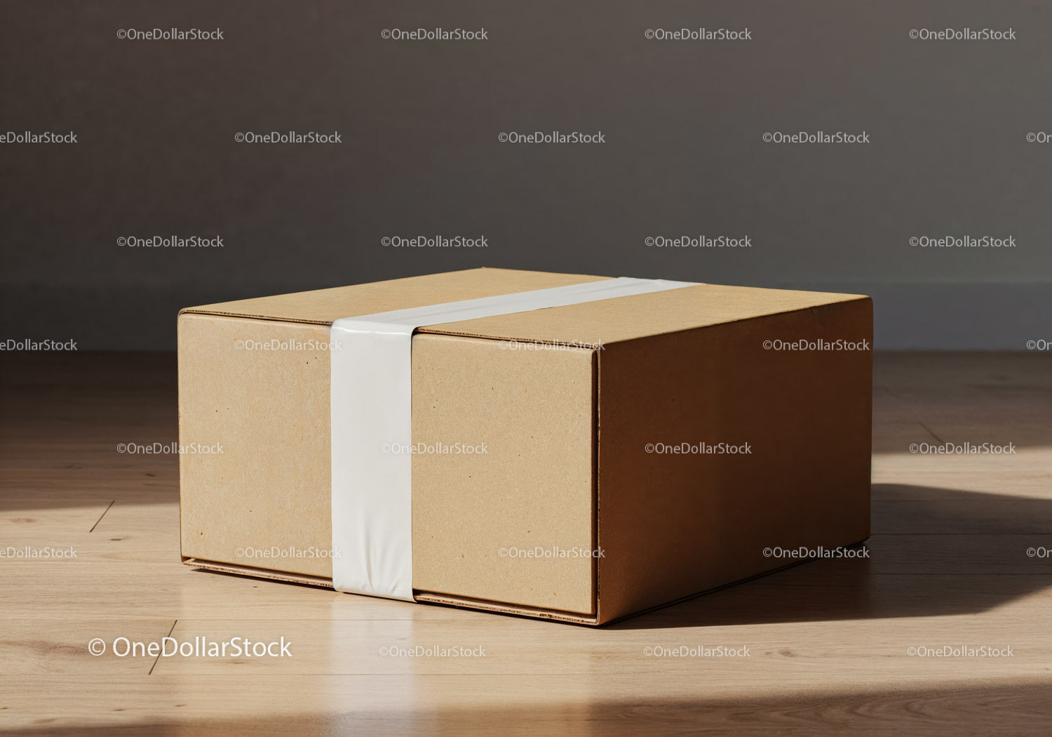Minimalist brown cardboard parcel with white tape