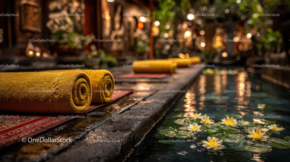 Outdoor Spa Room with Water Lilies and Cozy Towels in Warm Light