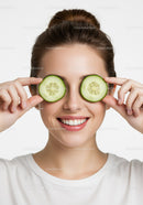 Joyful Woman with Cucumber Slices Covering Eyes for Skincare and Wellness
