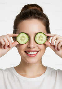 Joyful Woman with Cucumber Slices Covering Eyes for Skincare and Wellness
