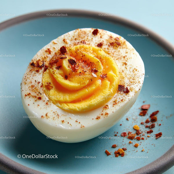 Sliced Boiled Egg with Paprika and Chili Flakes on Blue Plate