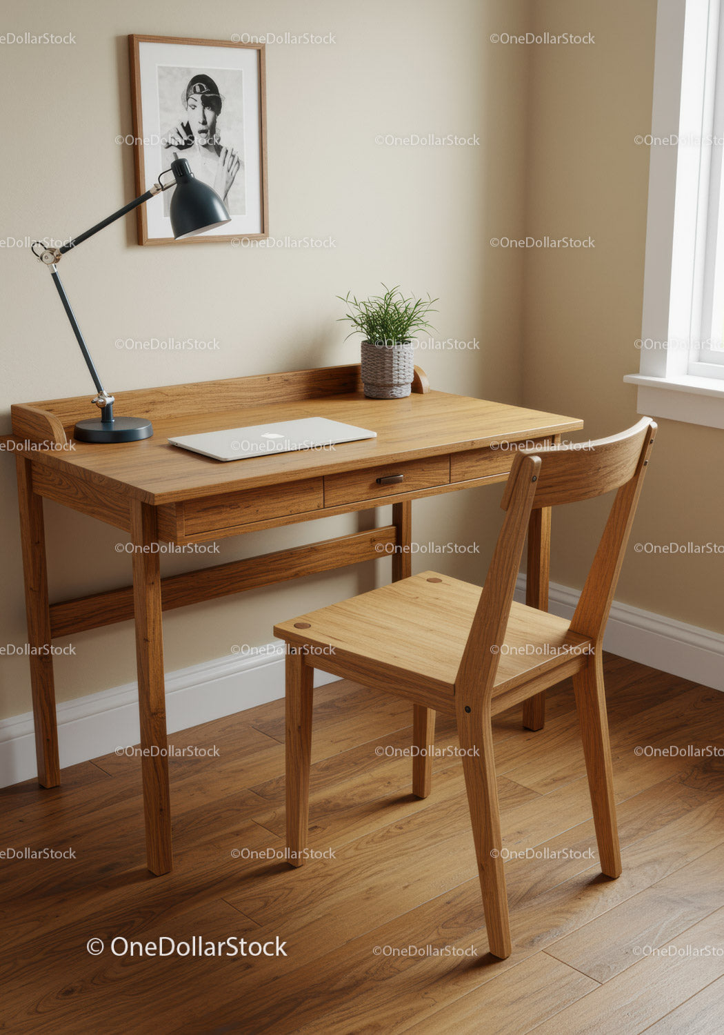 Wooden Desk and Chair in Cozy Home Office with Natural Light