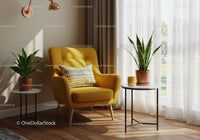Cozy yellow armchair in sunlit modern living room