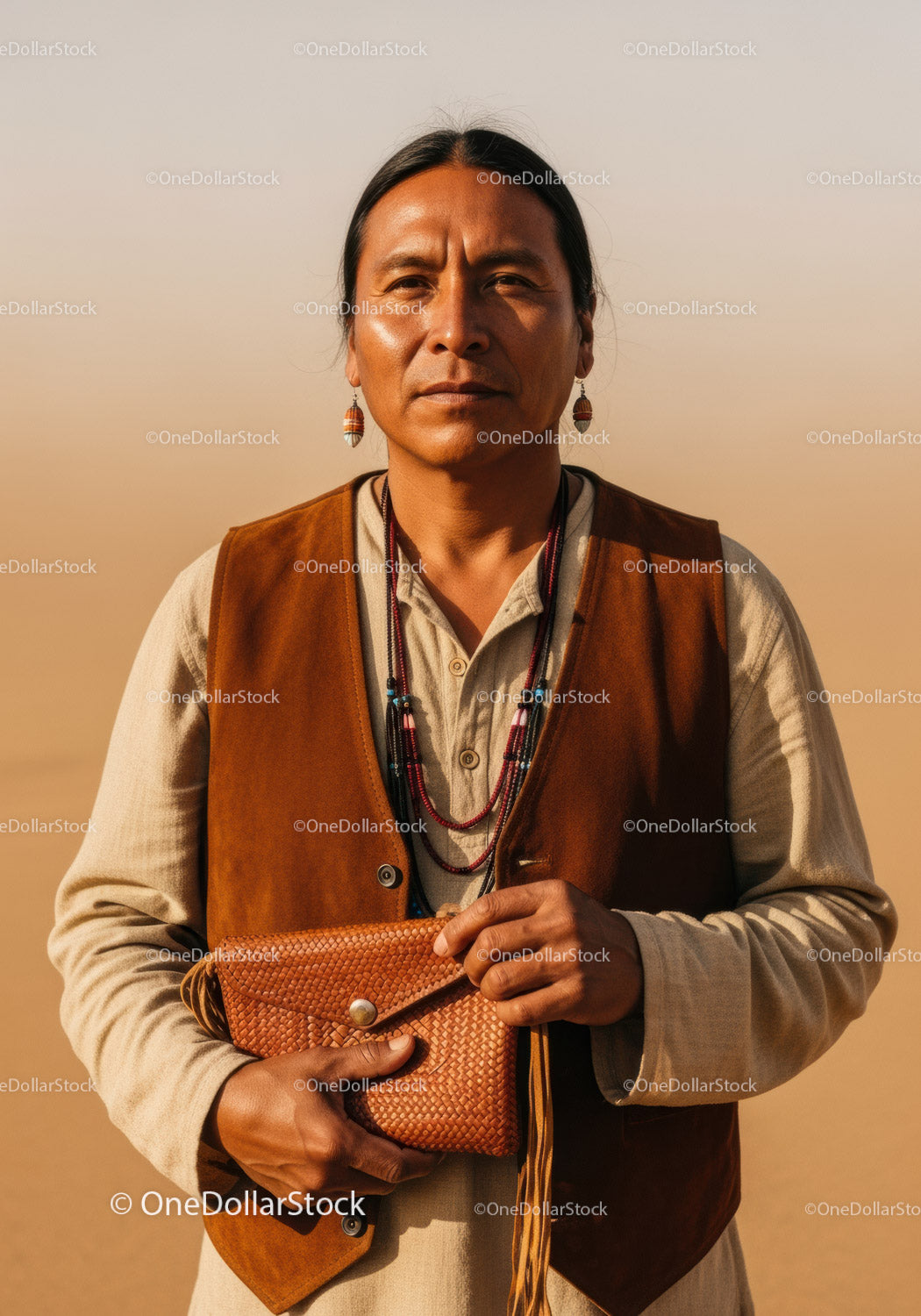Portrait of a Native Man in Traditional Clothing with Desert Background
