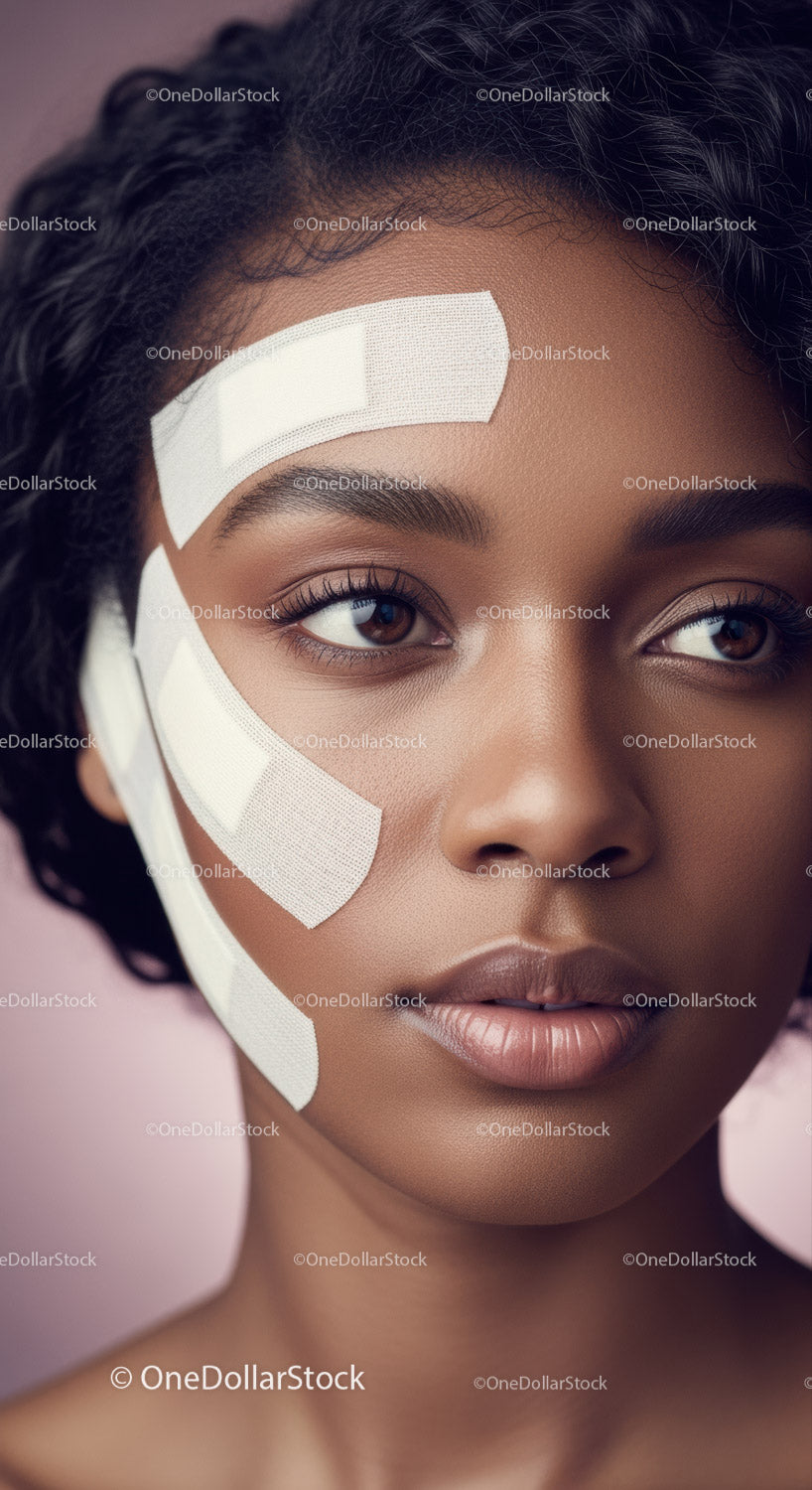 Close-Up of Black Woman with Facial Wound Care and Healing Bandages