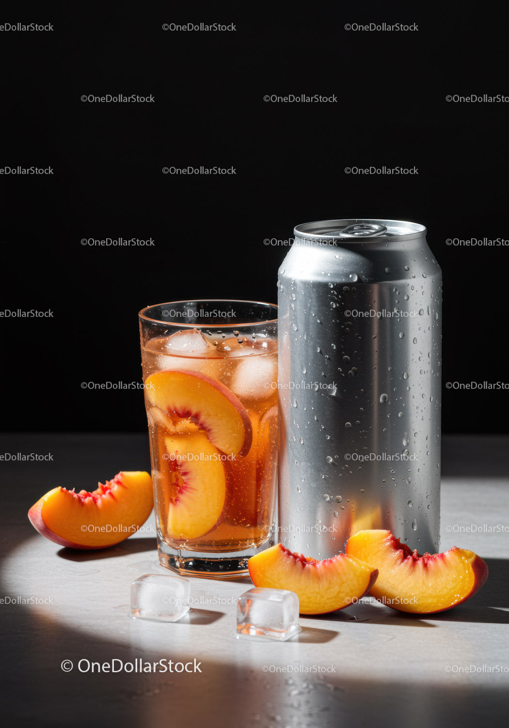 Refreshing Peach Iced Drink with Silver Can on Table