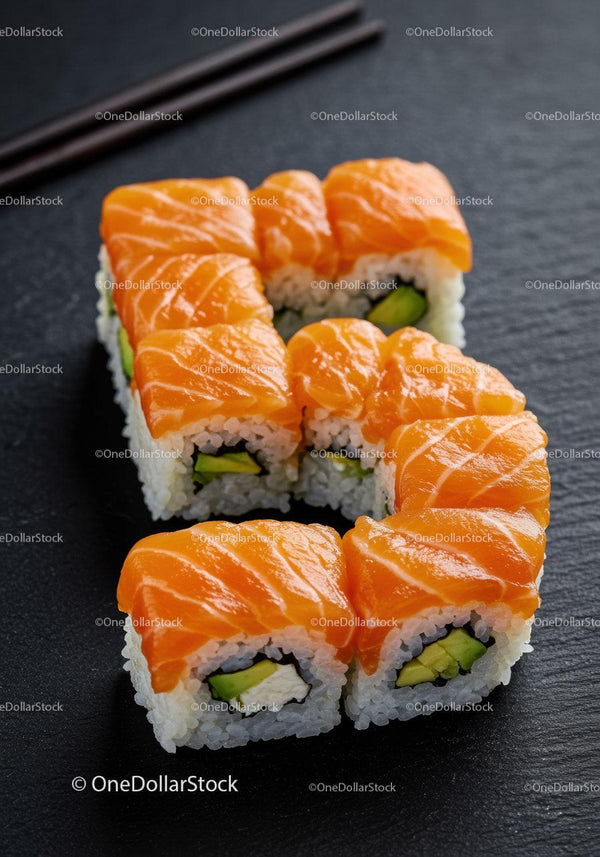 Fresh salmon sushi rolls arranged in letter S shape