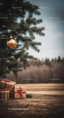 Rustic Christmas gifts under pine tree with golden ornament
