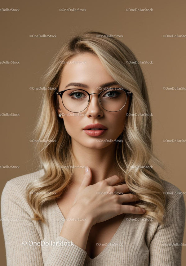 Elegancka kobieta z blond włosami w stylowych okularach i beżowym swetrze