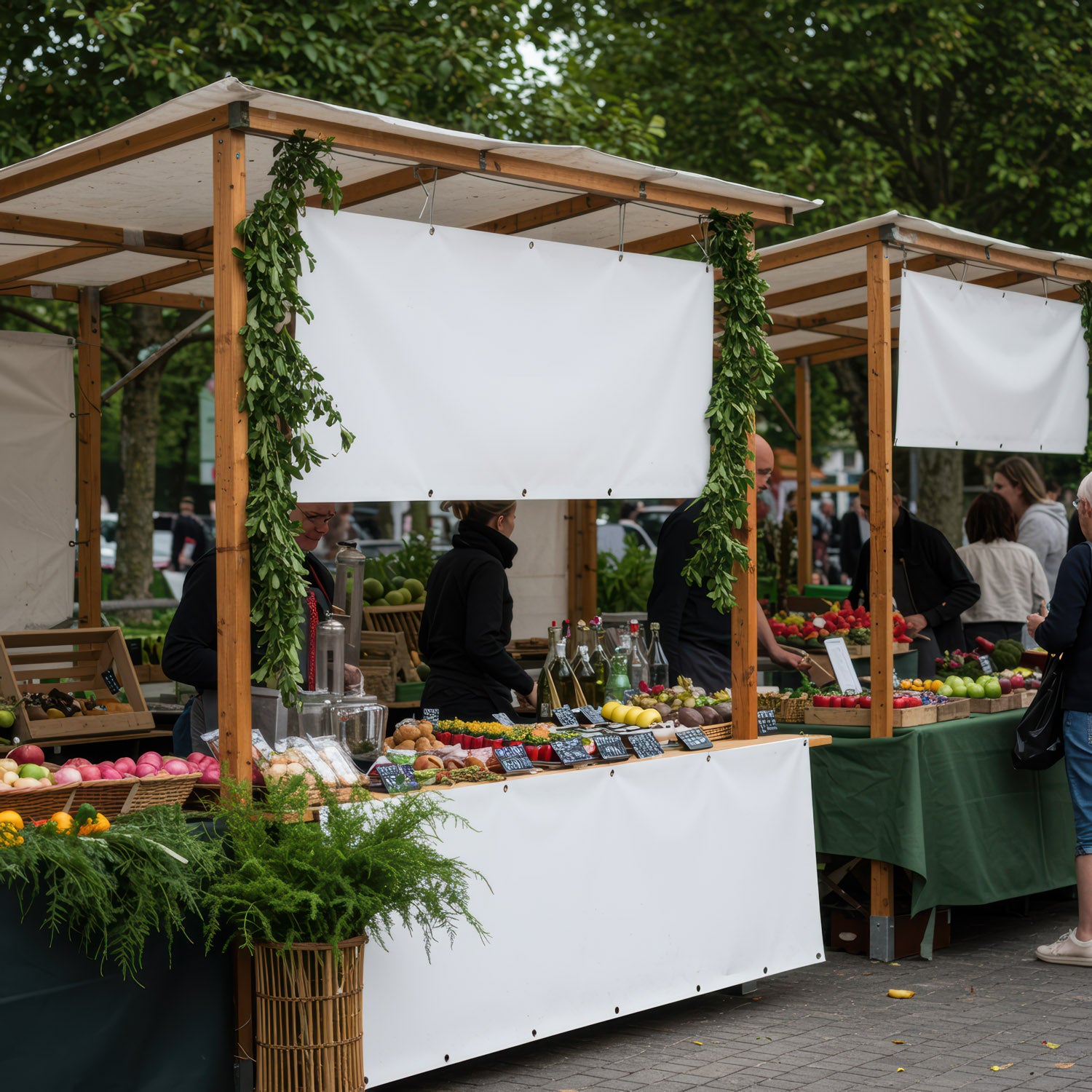 Outdoor Market Stalls Displaying Fresh Fruits and Bottles
