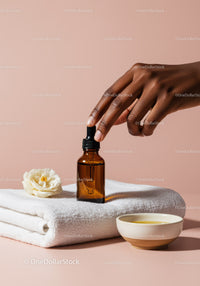 Brown Glass Dropper Bottle on White Towel with Flower for Selfcare