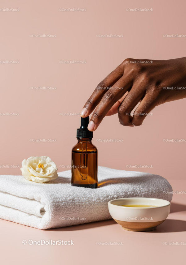 Brown Glass Dropper Bottle on White Towel with Flower for Selfcare JPG Mockup Image