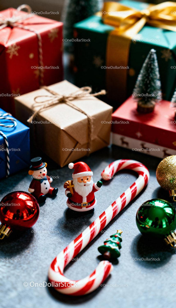 Festive Christmas Gifts with Decorations and Candy Cane