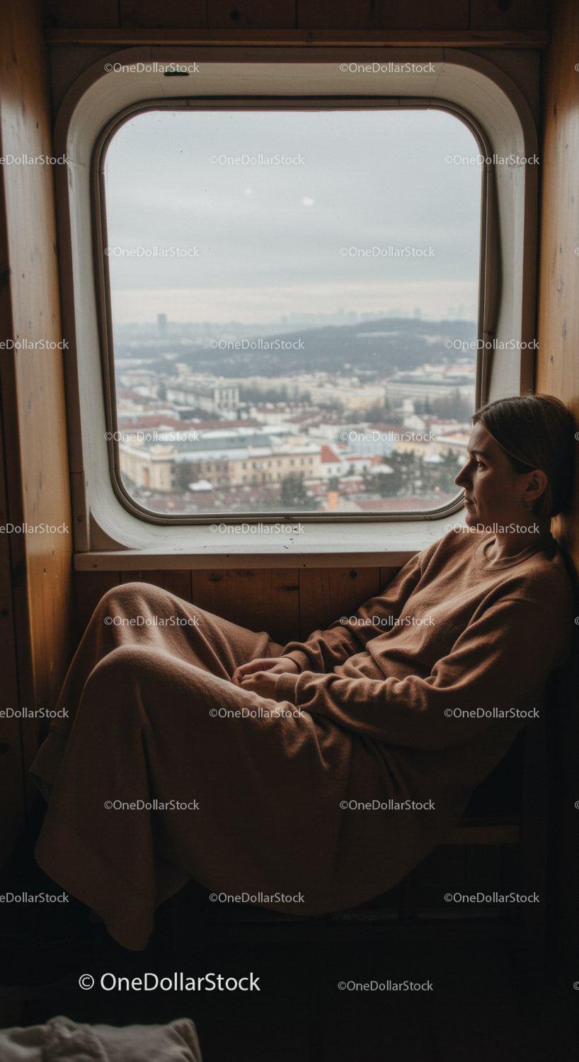 Contemplative Woman Sitting by Large Train Window Overlooking Cityscape