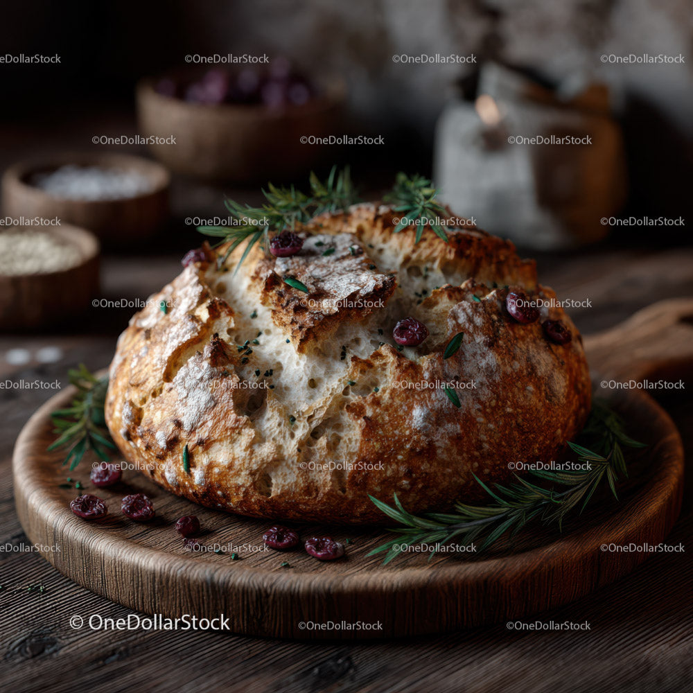 Rustic Bread Bowl with Cranberries and Fresh Herbs on Wooden Tray
