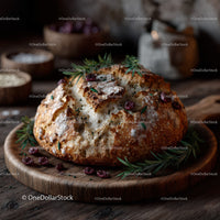 Rustic Bread Bowl with Cranberries and Fresh Herbs on Wooden Tray