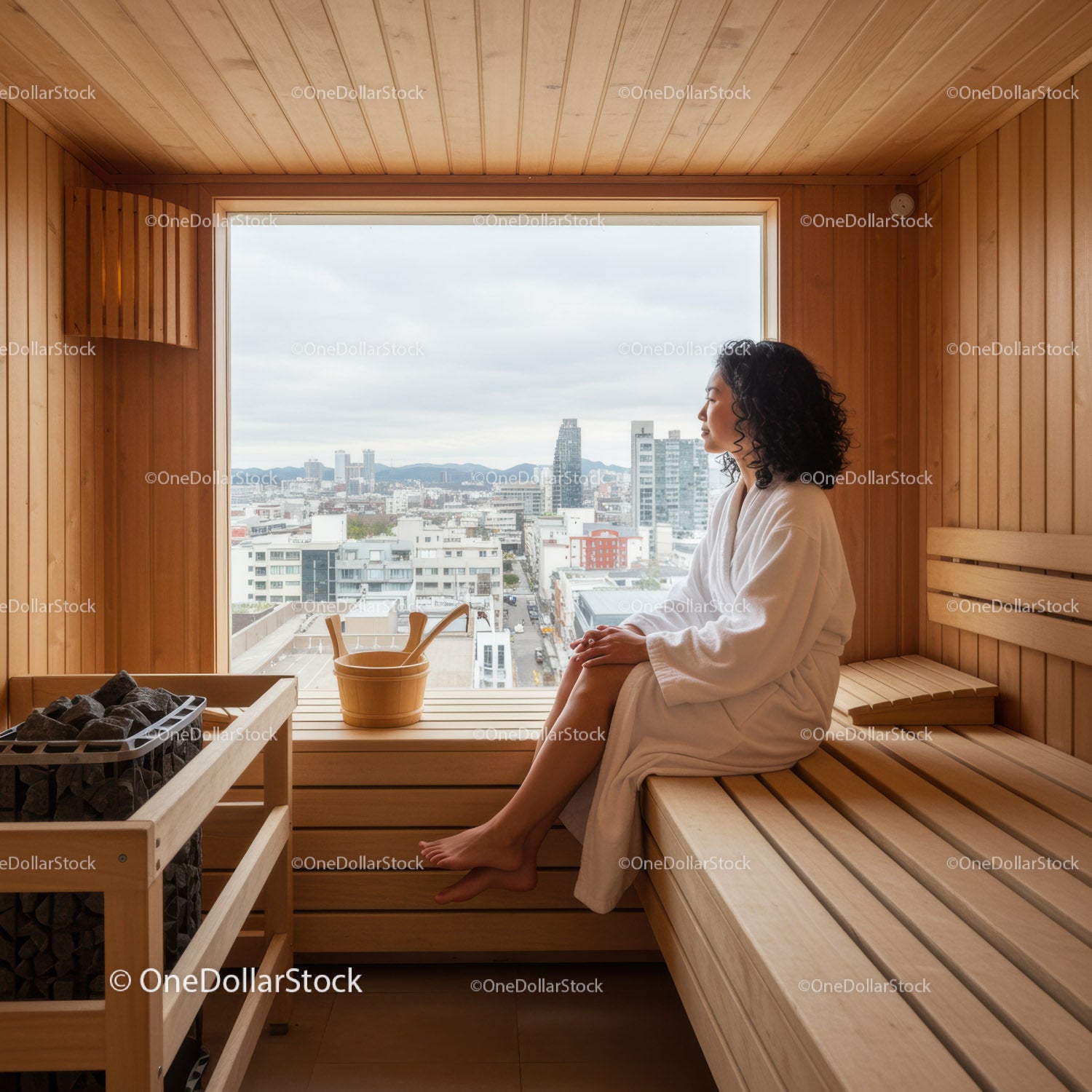 Woman Enjoying Relaxing in Wooden Sauna Room with City View