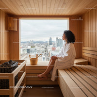 Woman Enjoying Relaxing in Wooden Sauna Room with City View