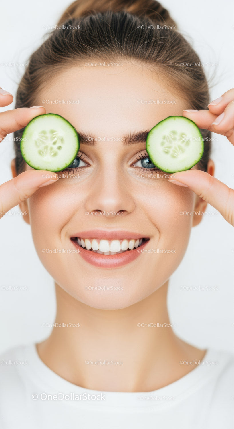 Happy Woman with Cucumber Slices Close Up Portrait