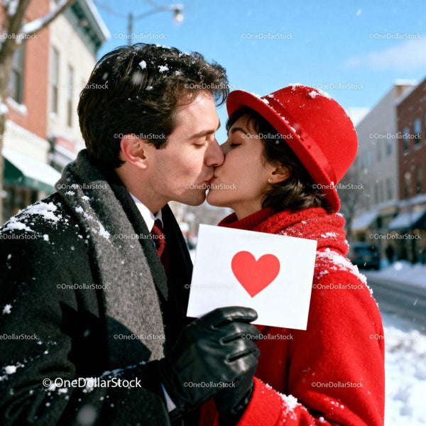 Couple sharing a romantic kiss outdoors in winter