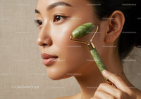 Young Woman Using Jade Roller for Facial Massage and Skincare