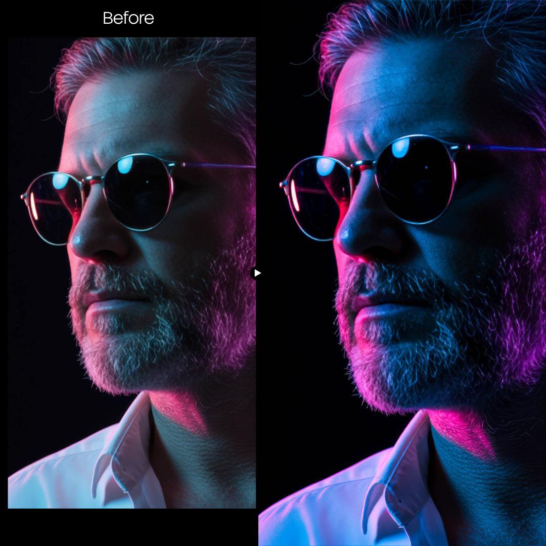Before and after Neon Rain Lightroom preset edit