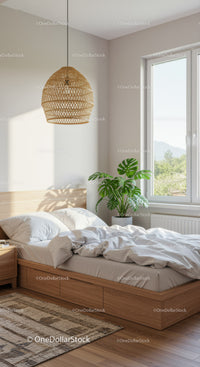 Cozy sunlit bedroom with natural decor and plants
