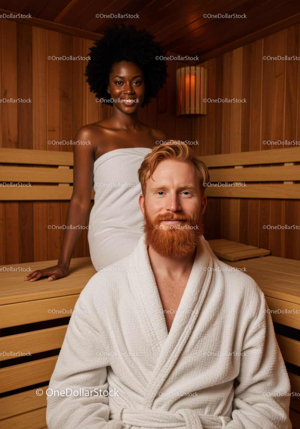 Relaxing Wellness Spa Sauna with Couple in Cozy Wooden Interior