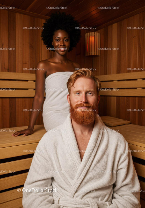 Relaxing Wellness Spa Sauna with Couple in Cozy Wooden Interior