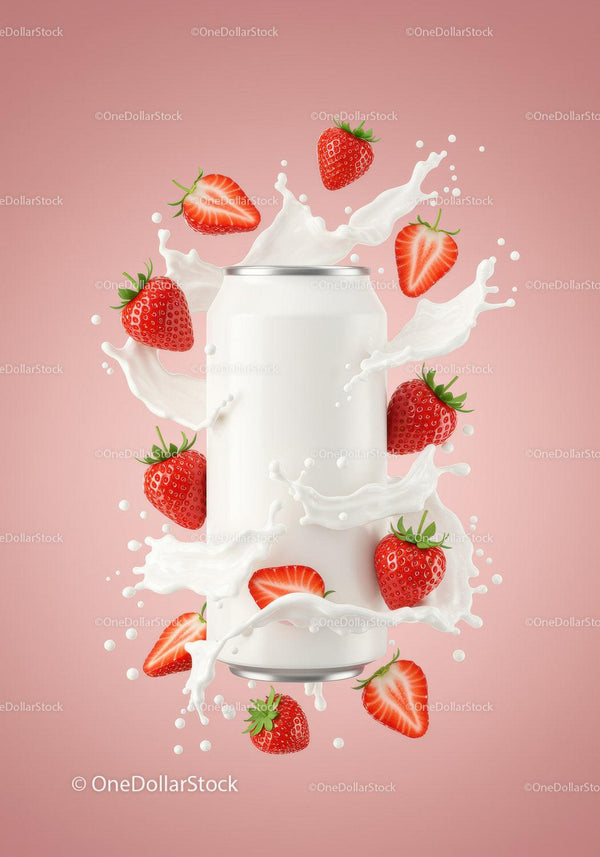 Refreshing Strawberry Splash Around White Beverage Can JPG Mockup Image