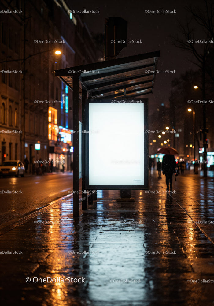 Night City Street with Illuminated Bus Stop and Neon Signs