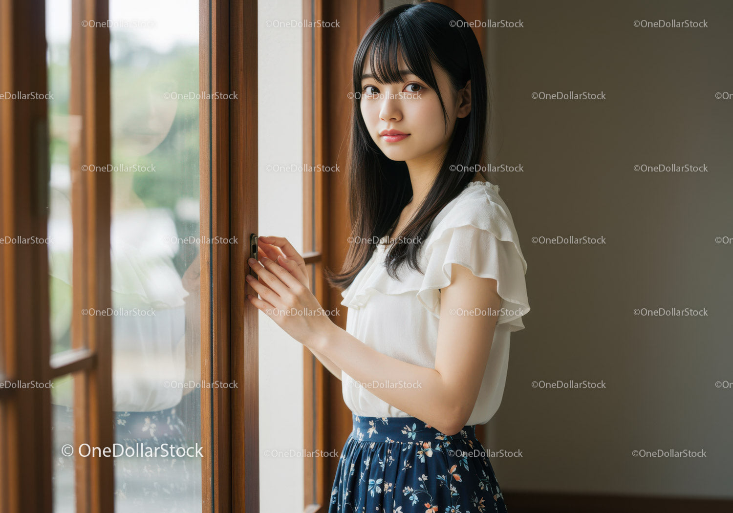 Young Woman Standing by Wooden Window with Natural Light