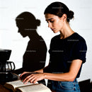 Young woman reading book near coffee maker in kitchen