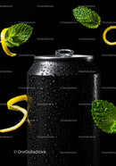 Close up of cold black can with mint and lemon
