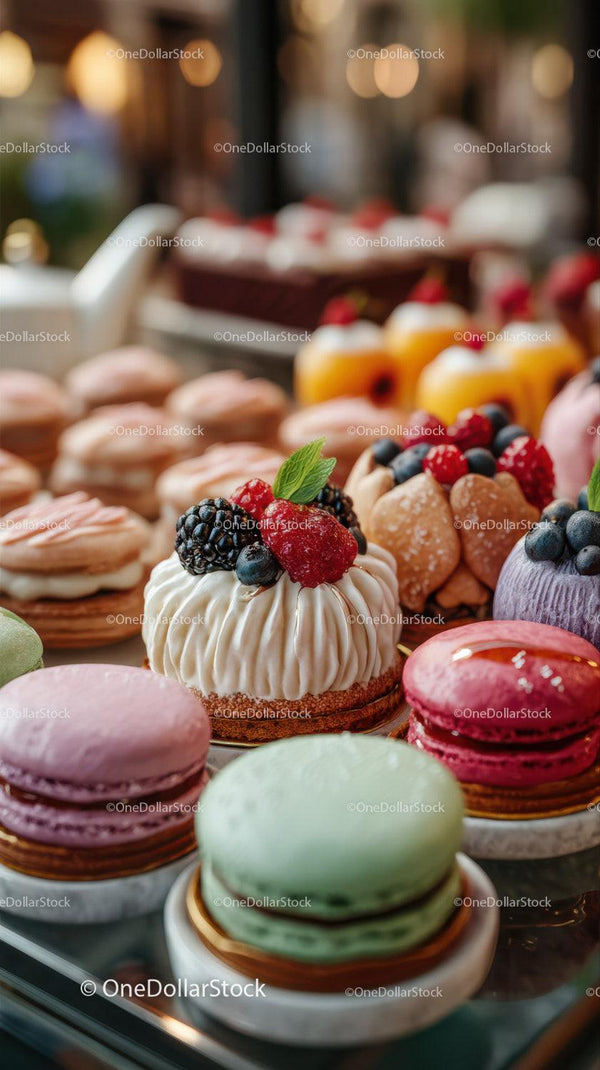 Colorful Macarons and Berry-Topped Pastries at Elegant Dessert Display