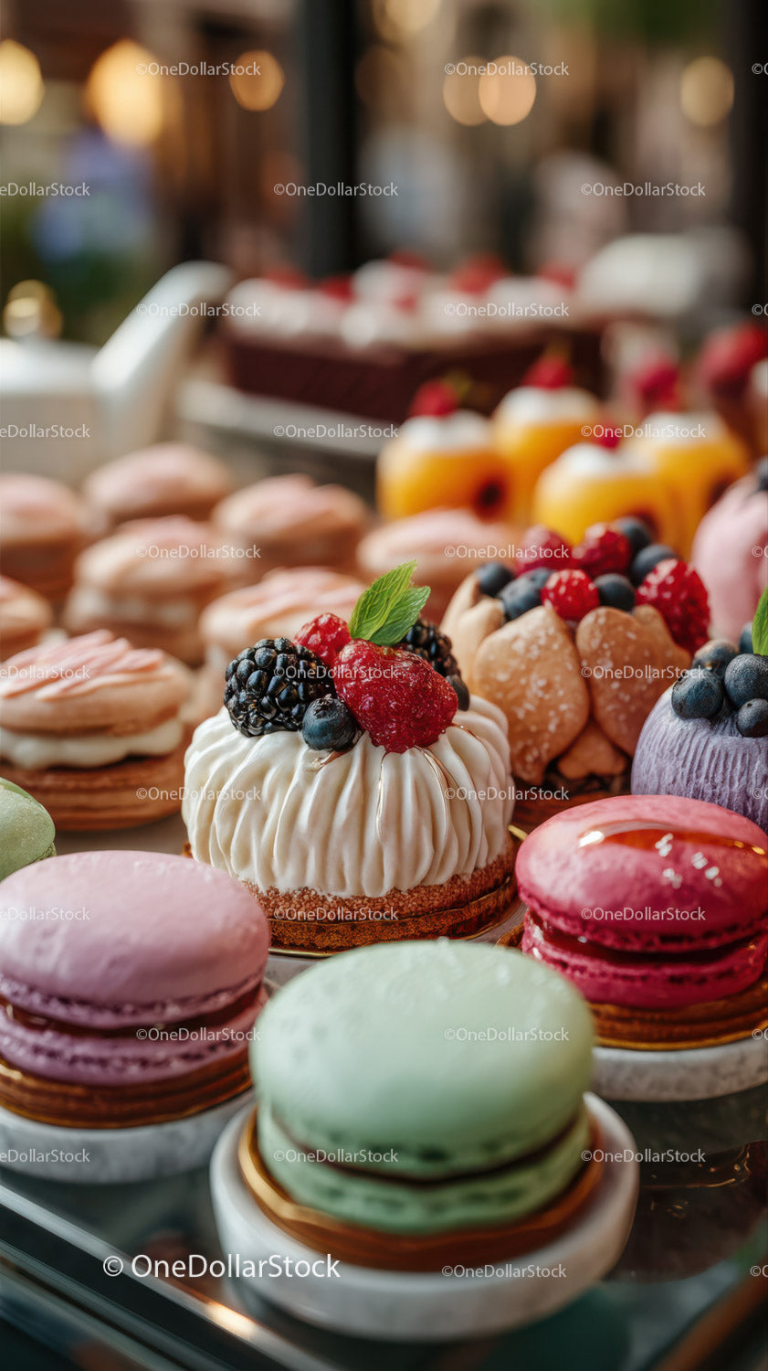 Colorful Macarons and Berry-Topped Pastries at Elegant Dessert Display