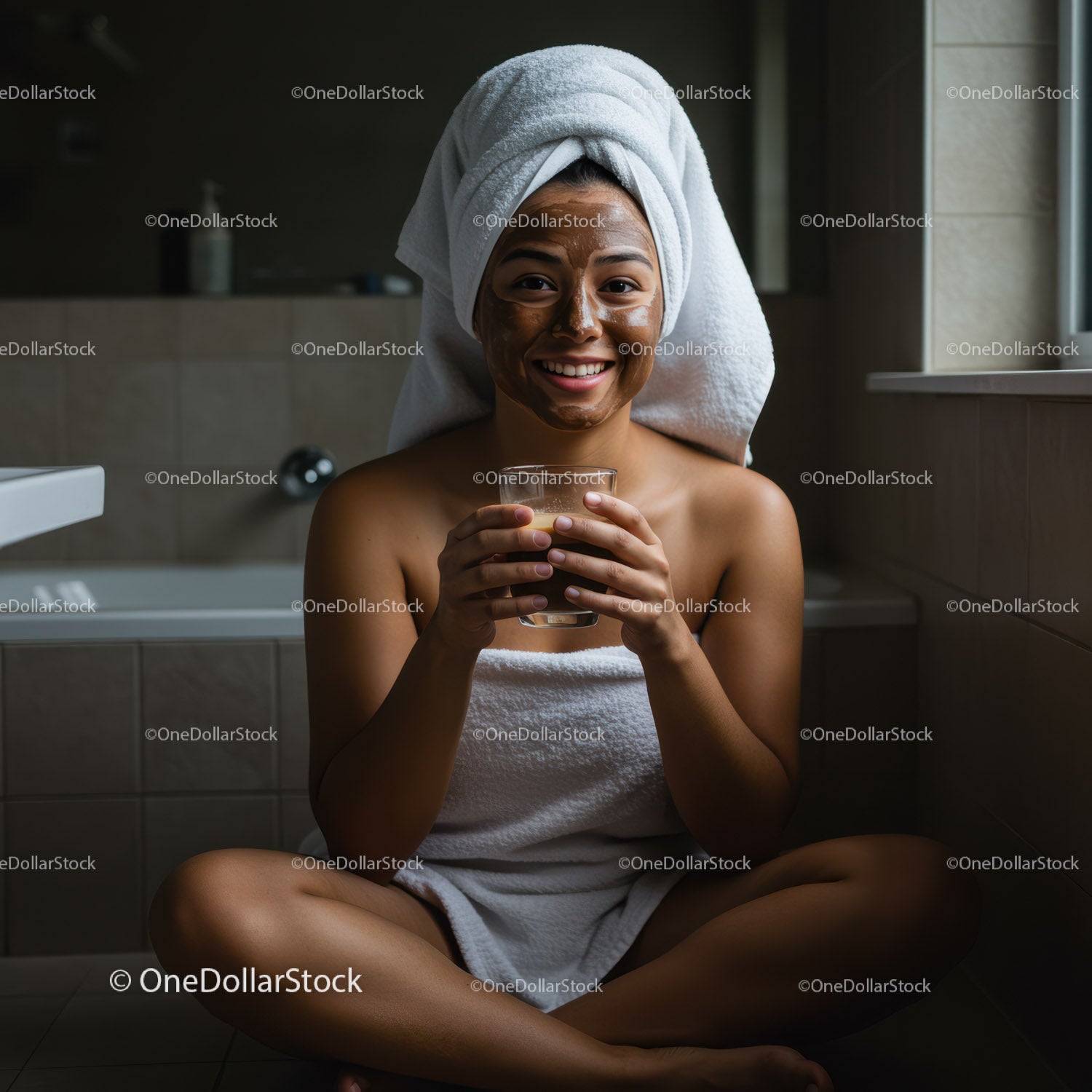 Young Woman Enjoying Facial Mask and Drinking Water in Bathroom