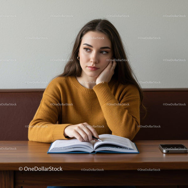 Young Woman Studying and Reading Book at Table