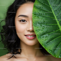 Beautiful Woman with Tropical Green Leaf Outdoor Portrait