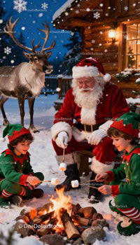 Santa and Elves Roasting Marshmallows by Winter Campfire