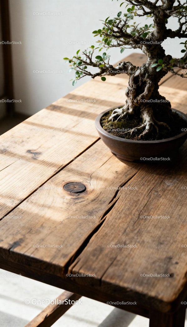 Miniaturowe drzewko bonsai rzucające cienie na drewniany stół