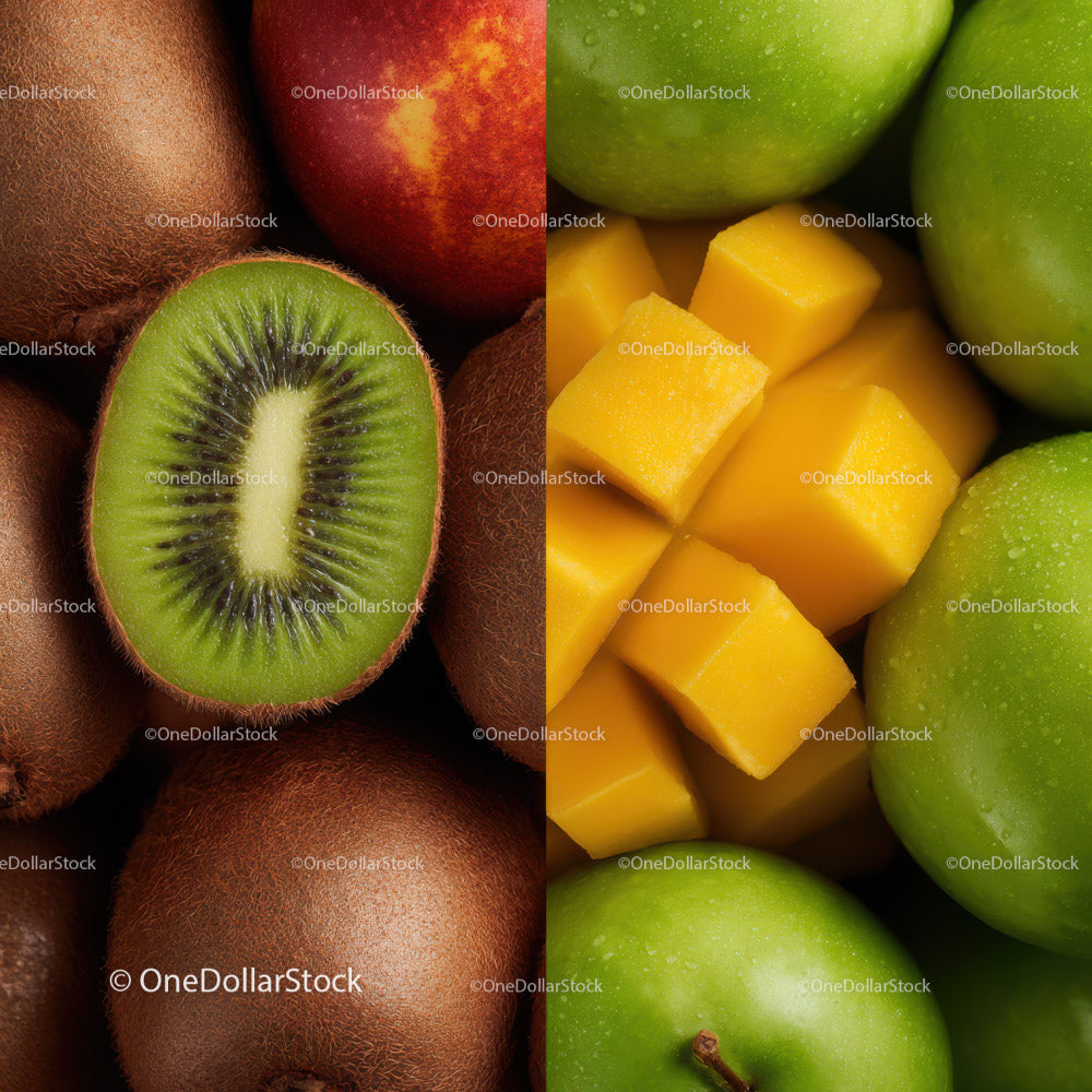 Kolorowy asortyment świeżych owoców kiwi, jabłka i mango dla zdrowego odżywiania