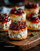 Mini Cheesecake Bites with Raspberry Jam Topping on Rustic Wooden Board