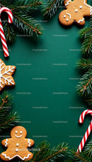 Christmas gingerbread cookies with candy canes and pine branches