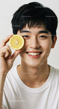 Young Man Playfully Holding Lemon Slice to Eye With Bright Smile