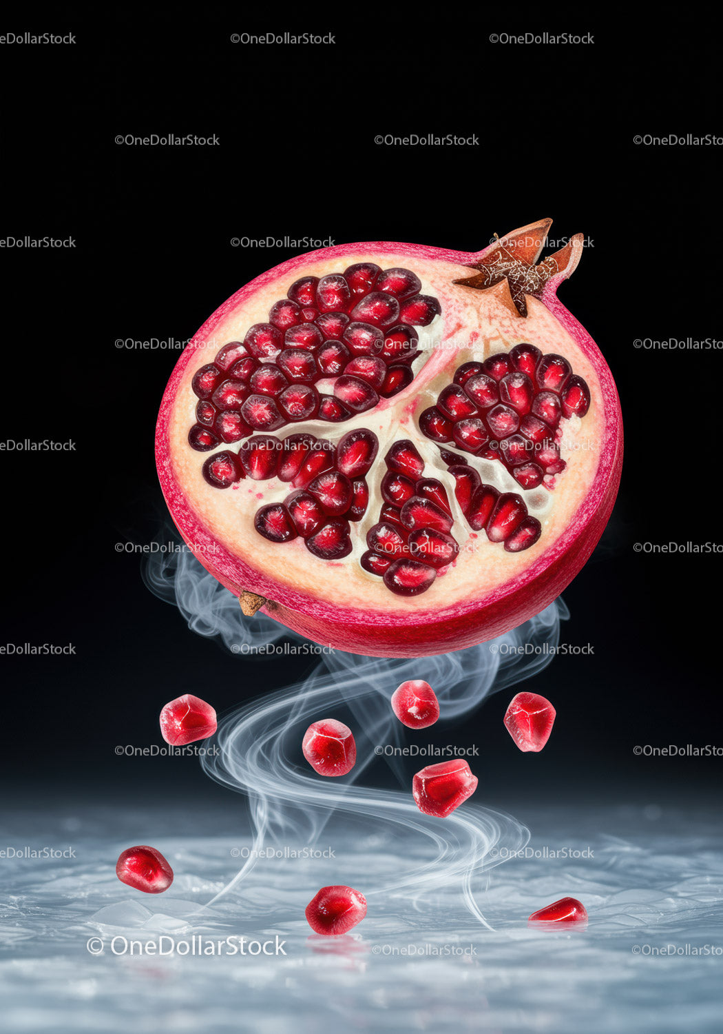 Fresh pomegranate half with floating seeds and smoke