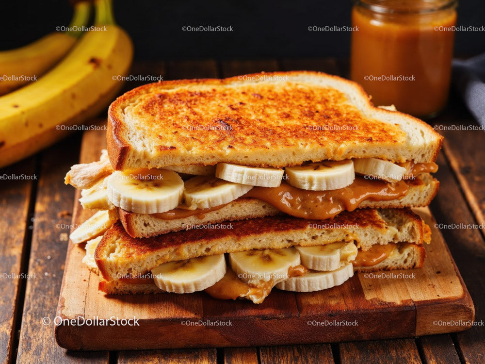 Banana and Peanut Butter Toasted Sandwich on Rustic Wooden Table