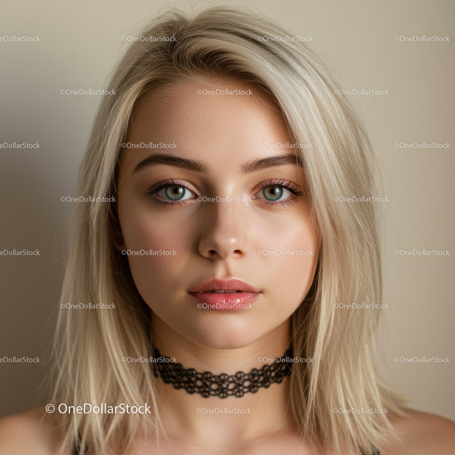Portret młodej kobiety o niebieskich oczach i blond włosach