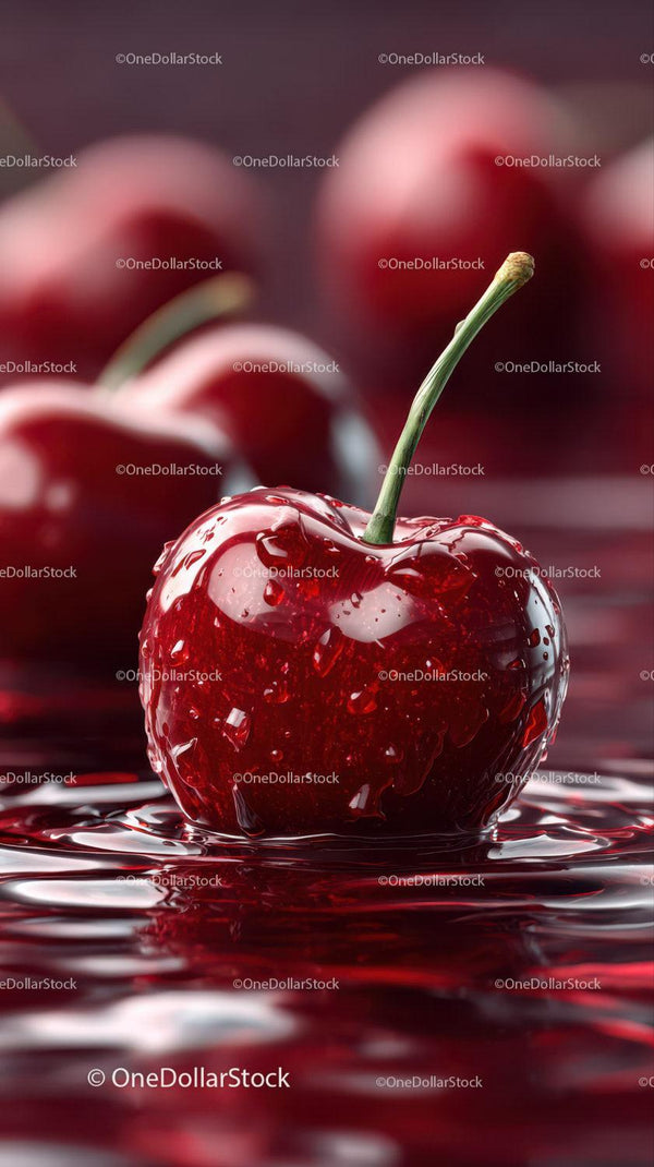 Close-up of Water-Drenched Red Cherry with Splash and Stem