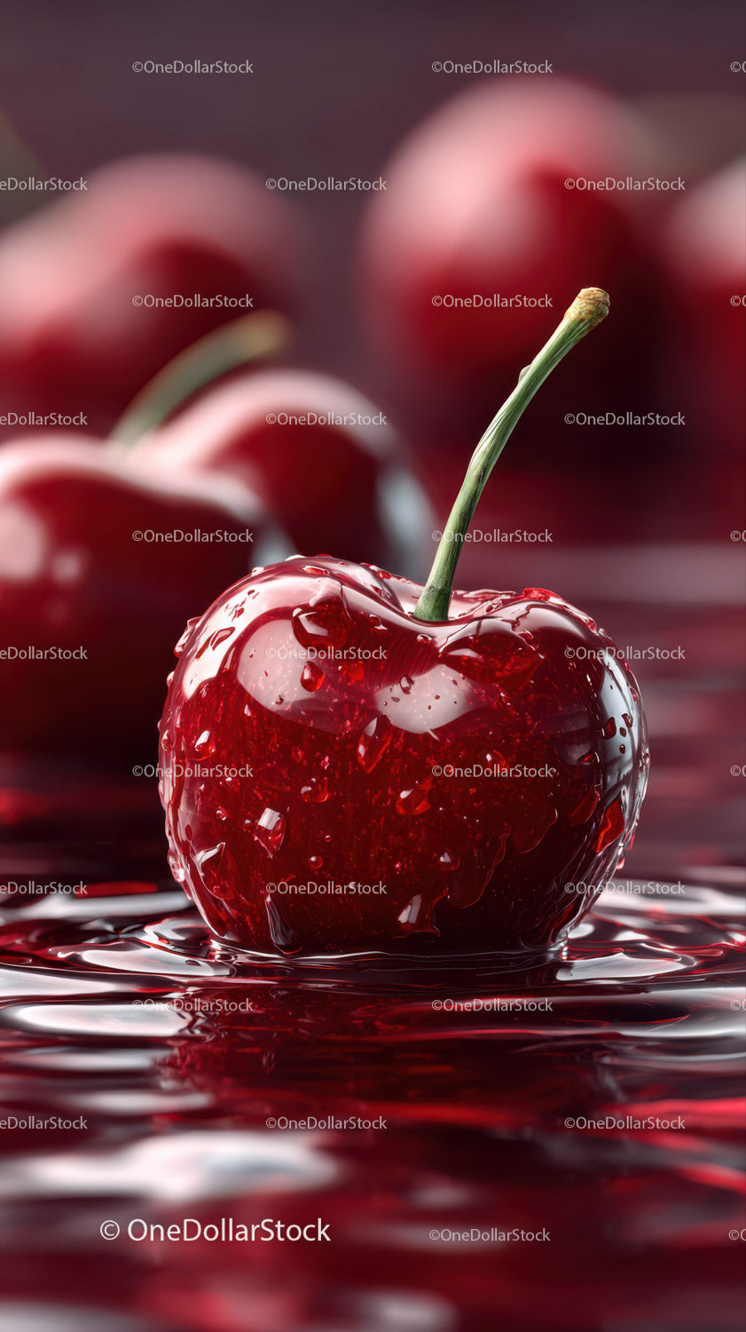Close-up of Water-Drenched Red Cherry with Splash and Stem